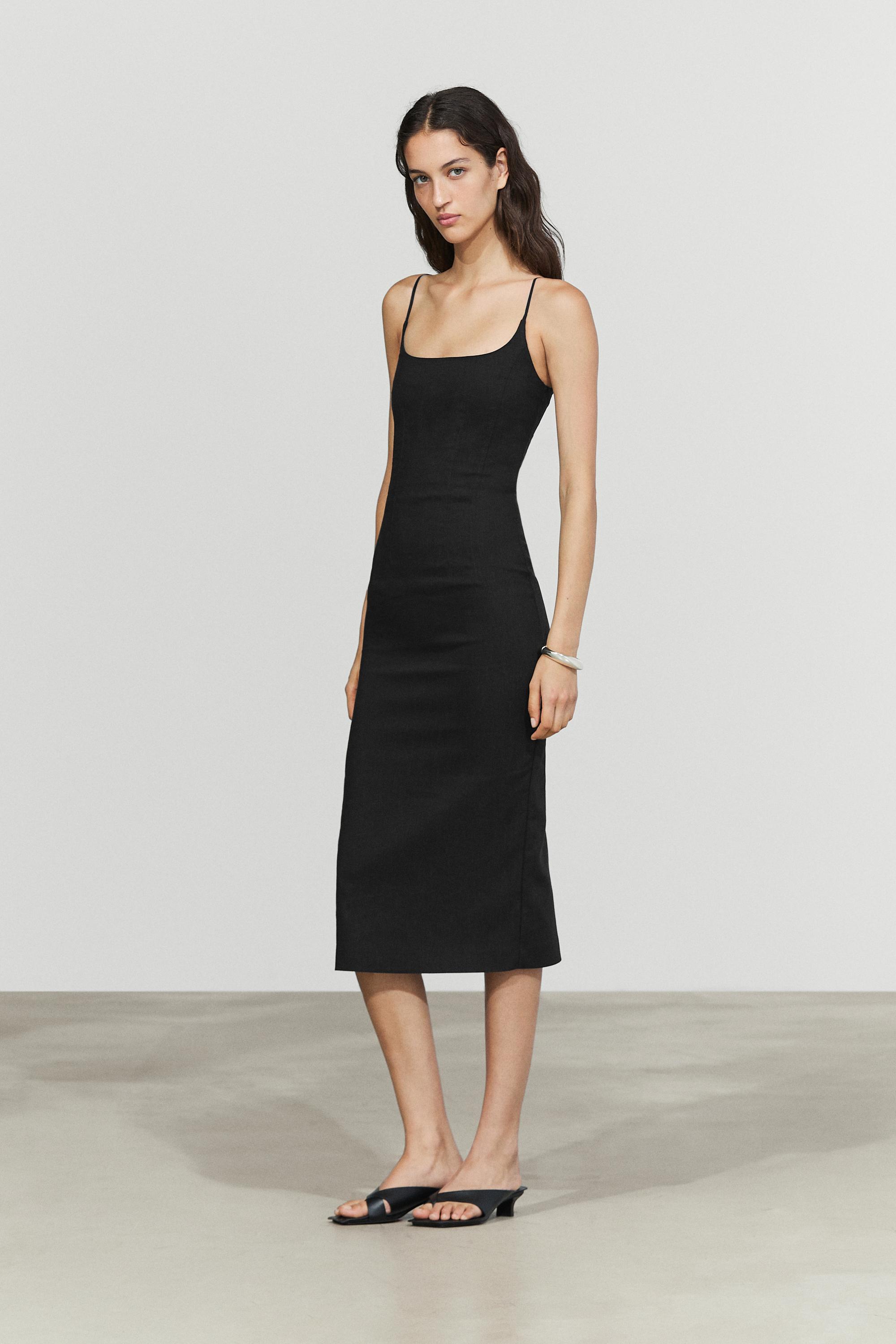 Linen-blend thin strap midi dress